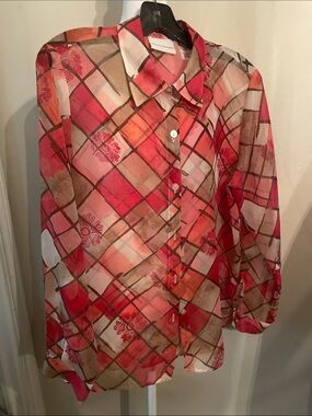 Alfred Dunner Red Coral Brown Plaid Button-Up Blouse